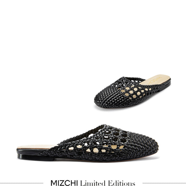 Alora Black - Woven Leather Slides