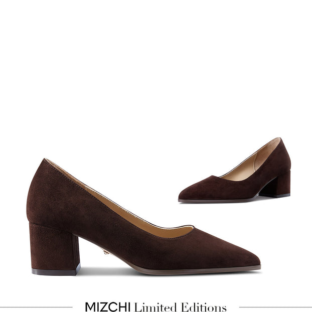 *DIARA CHOCOLATE - suede chunky heel pumps