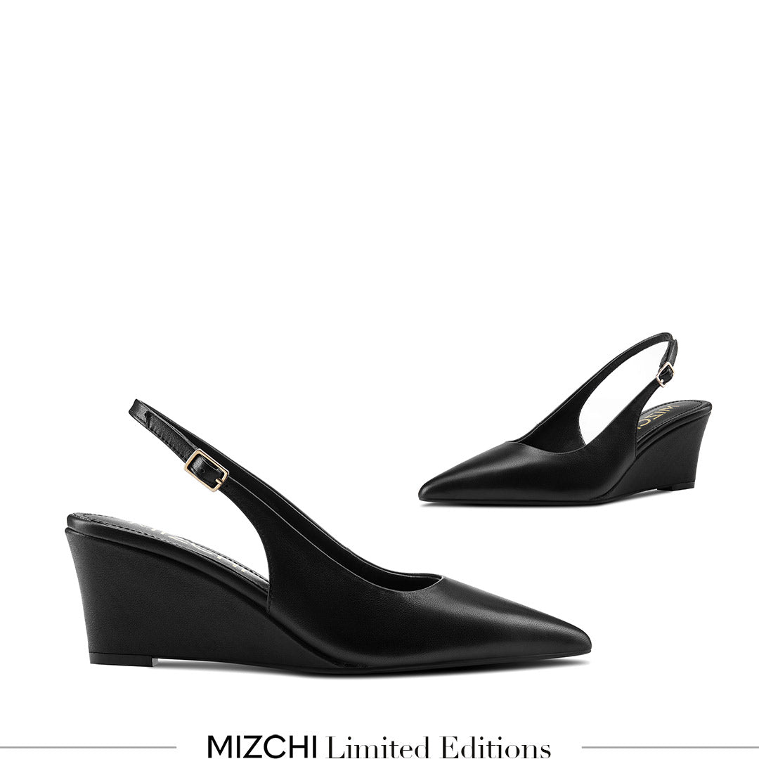 ELLIOT - black leather slingback wedge