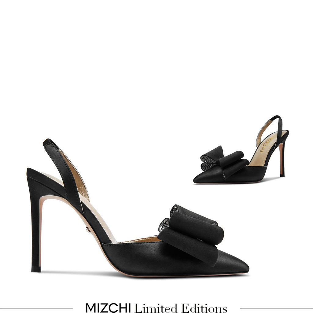 Petite Size Black Satin Bow Slingback by MIZCHI Pretty Small Shoes