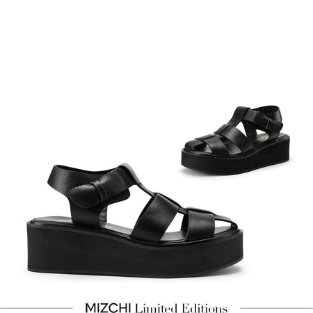 Petite Size Black Leather Platform Sandals - MIZCHI Pretty Small Shoes