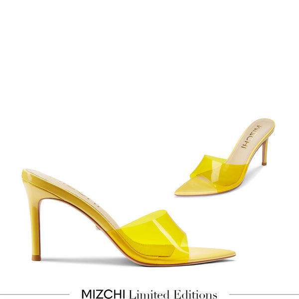 Petite Size Yellow PVC Point Toe Mules by MIZCHI Pretty Small Shoes