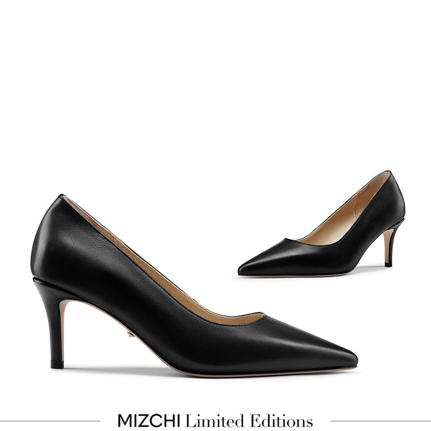 *TIA BLACK LEATHER kitten heels UK 13 EU 32 USA (210mm length) Black Leather