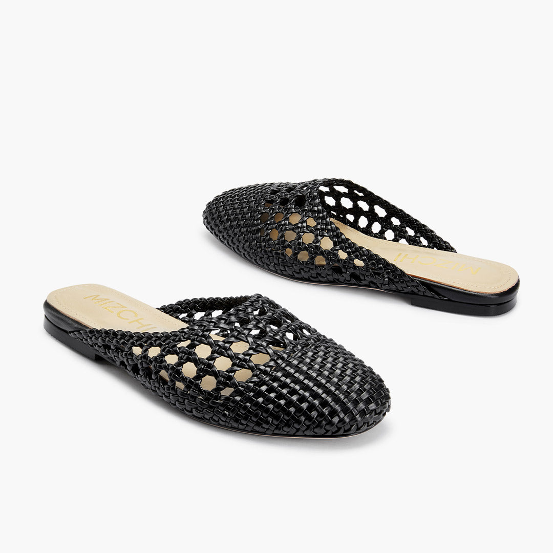 Alora Black - Woven Leather Slides