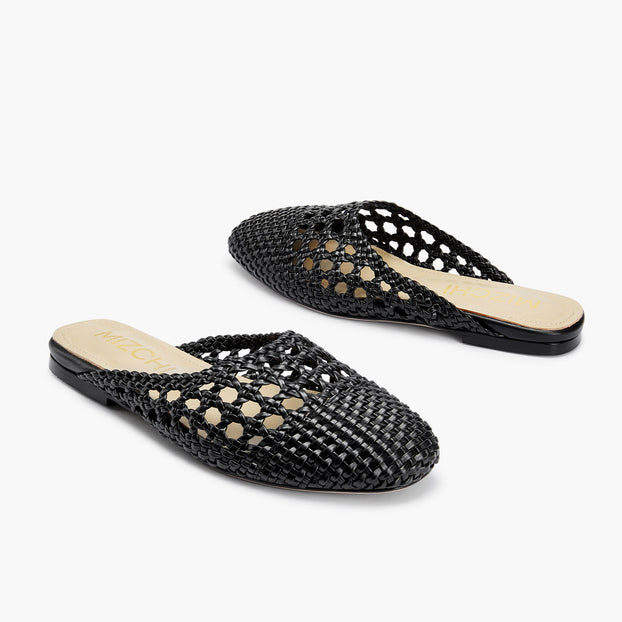 Alora Black - Woven Leather Slides