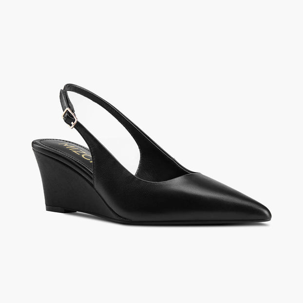 *ELLIOT - black leather slingback wedge