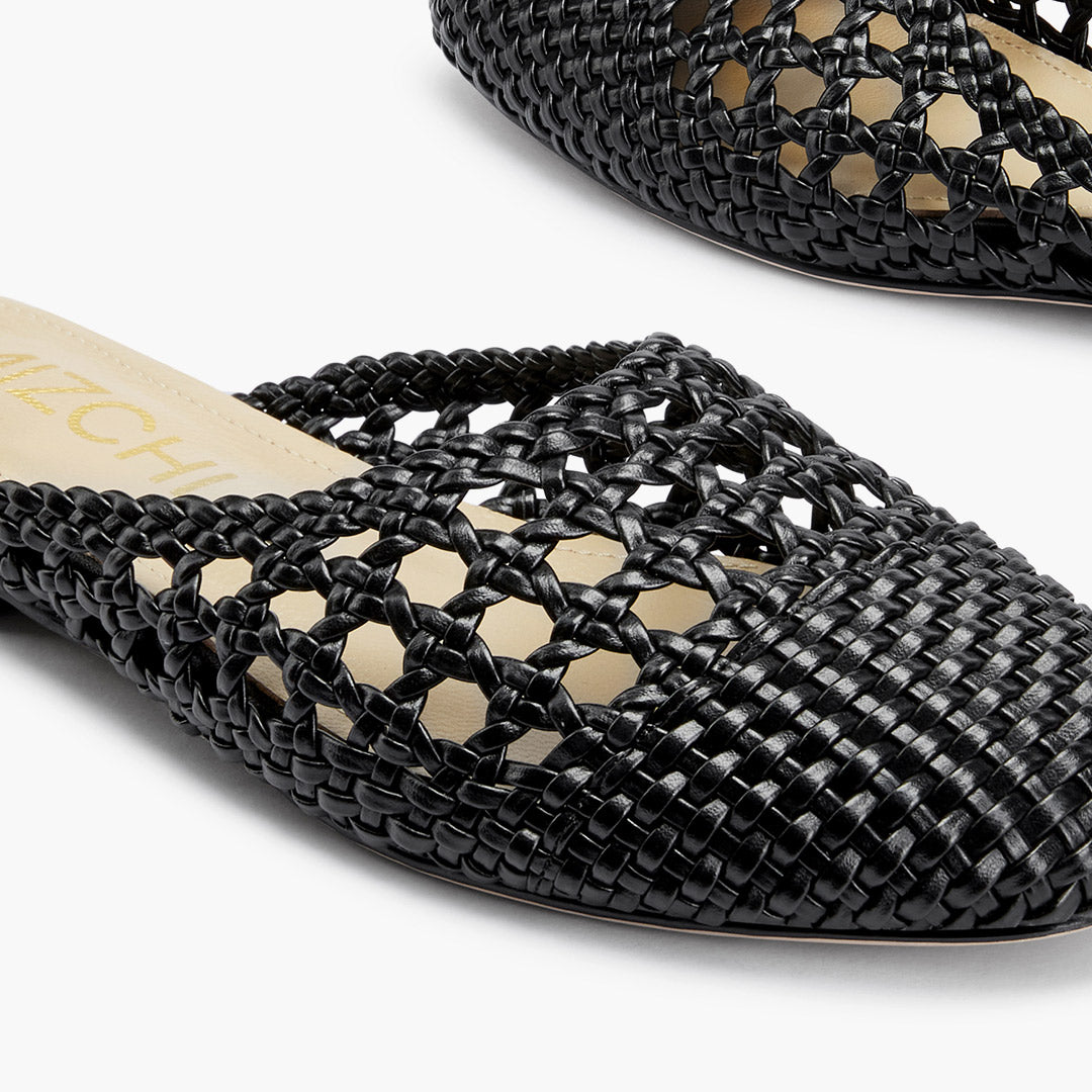 Alora Black - Woven Leather Slides