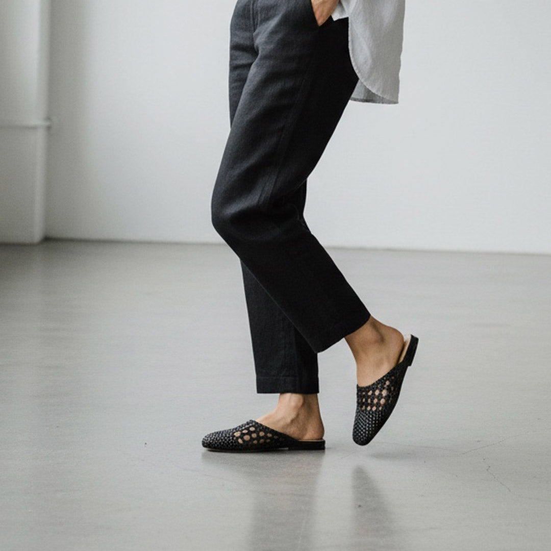 Alora Black - Woven Leather Slides