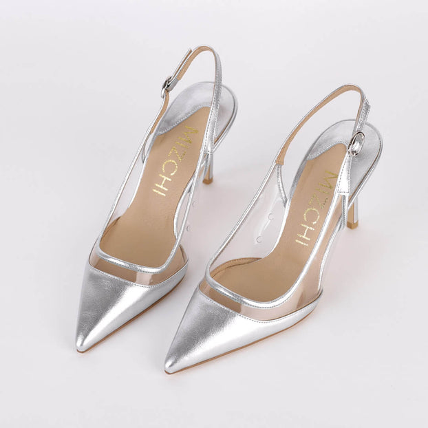 *UK size 2 - FACE THE SUN - silver, 7cm heels