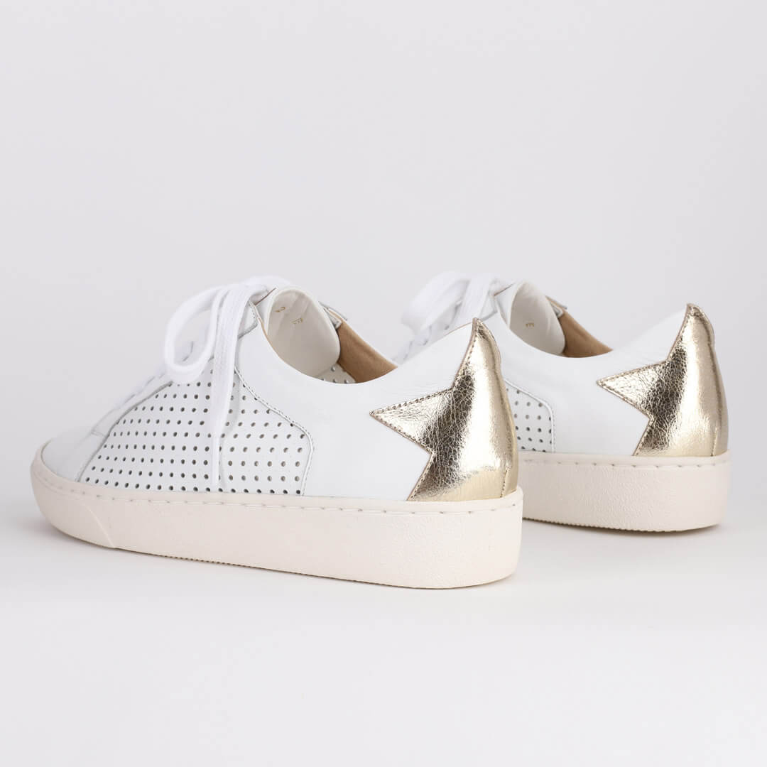 *UK size 13 - READY OR NOT - white + gold star, 2.5cm heels