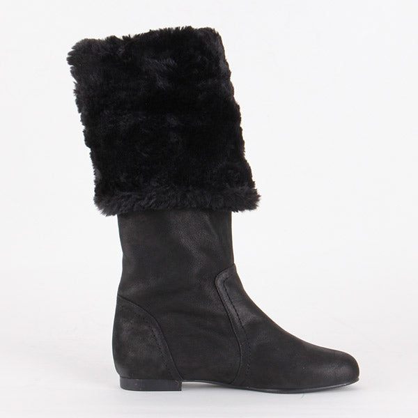 Small Size Ladies Black Fur Leather Knee High Boot -Pretty Small Shoes